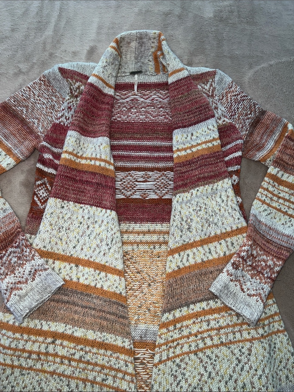 Free People Striped Open Maxi Cardigan Duster in Cream, Rust, Orange Wool Blend - Picture 9 of 12
